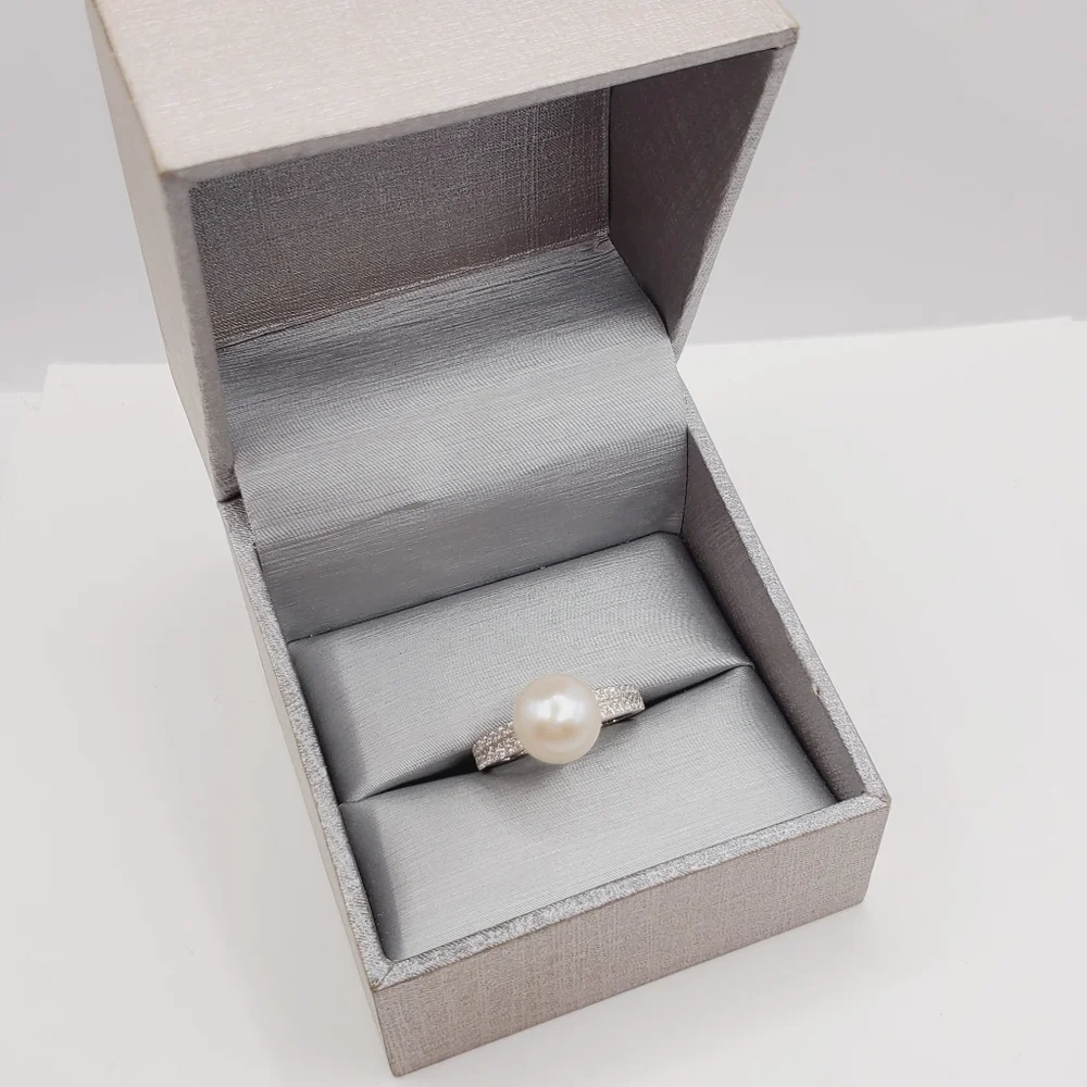 Akoya Cream Pearl & Simulated Pave Diamond Platinum | 925 Sterling Silver Ring